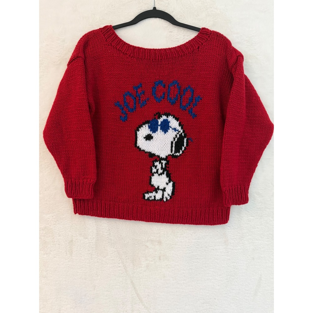 Hand Knit Joe Cool Snoopy Peanuts Red Sweater Pullover Graphic Small Medium